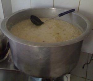 One big pan of Bubur Nasi or rice broth.. thick and rich.